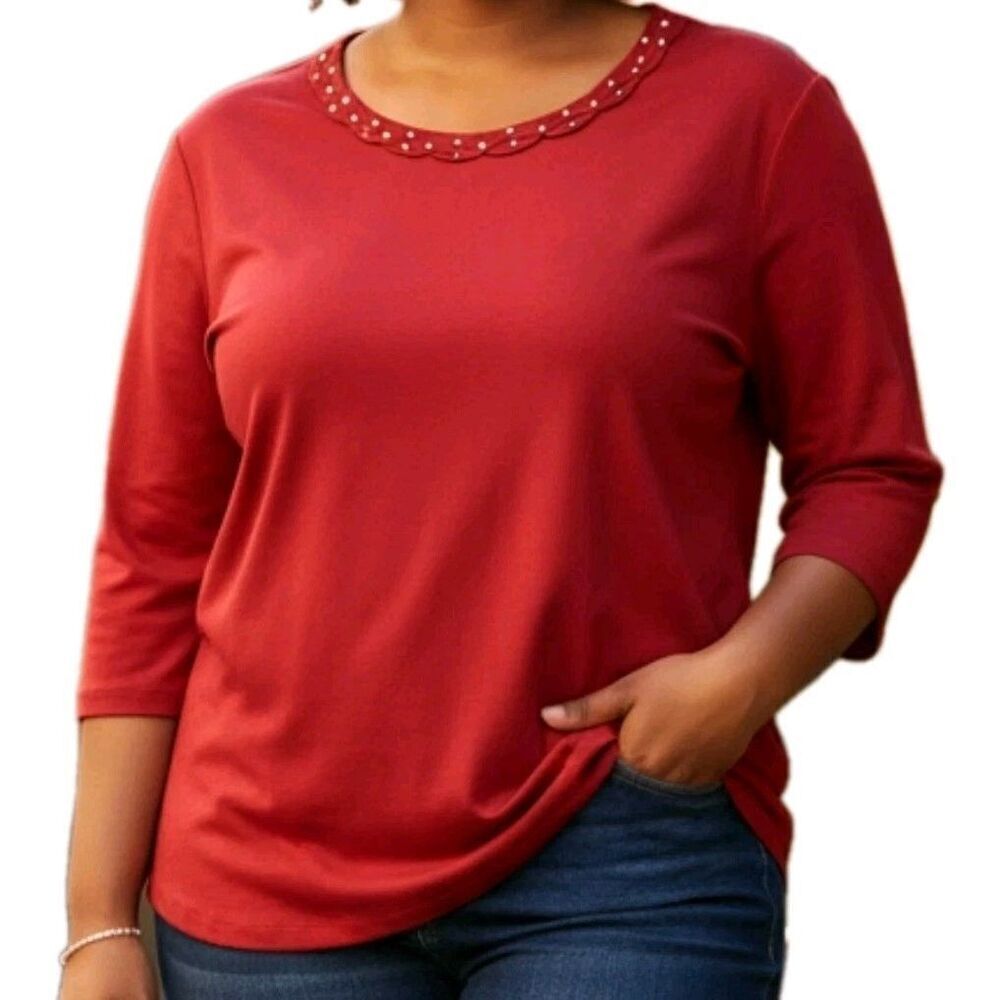 Quacker Factory Red Blouse Womens Size XL Rhinestone Bling Neckline 3/4 Sleeve
